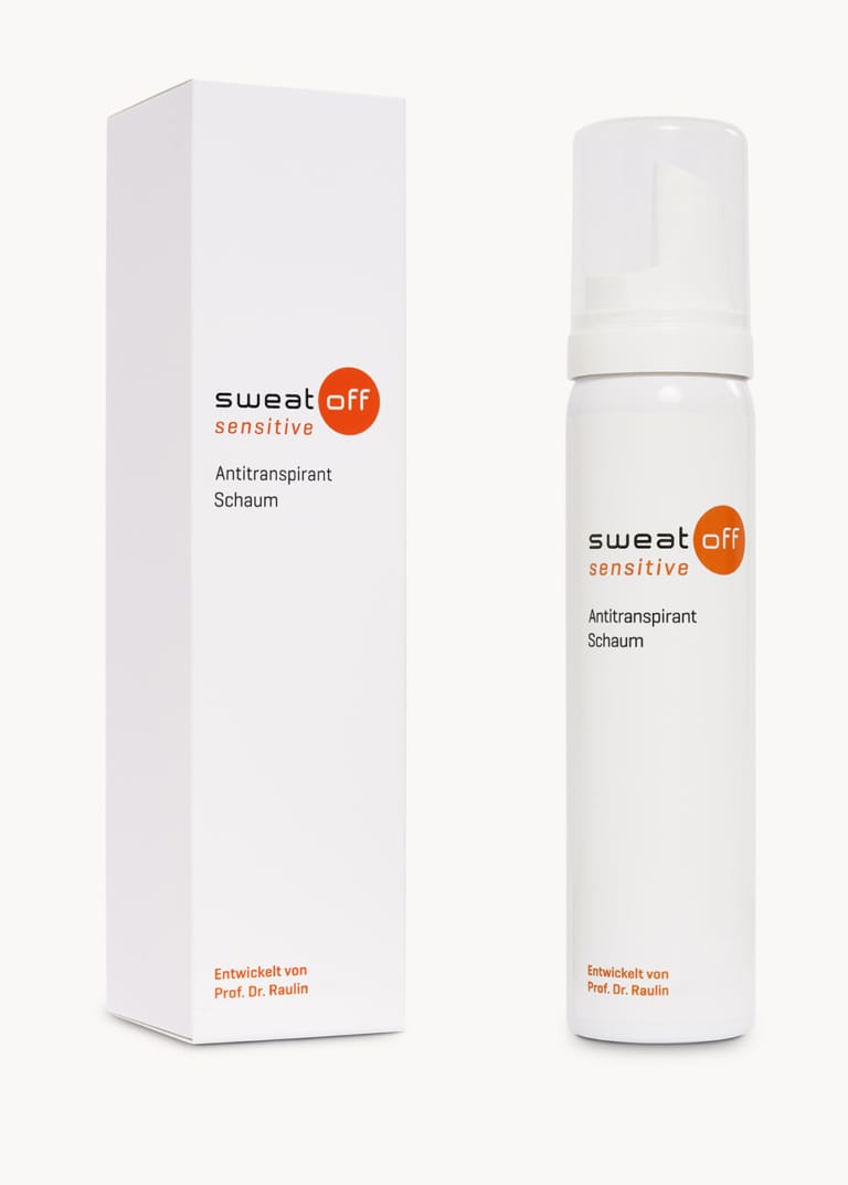 Sweat-Off Antitranspirant Sensitive Schaum. Faltschachtel und Produkt