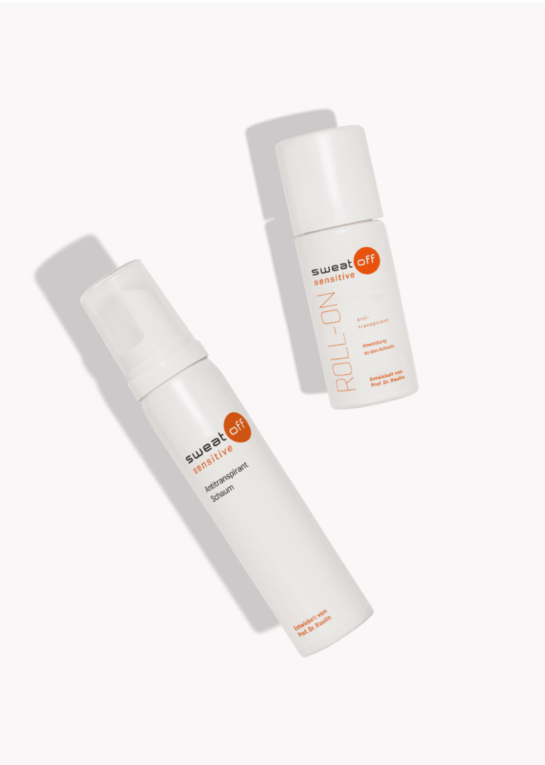 Antitranspirant Sensitive Set Schaum und Roll-On liegend auf weißem Hintergrund
