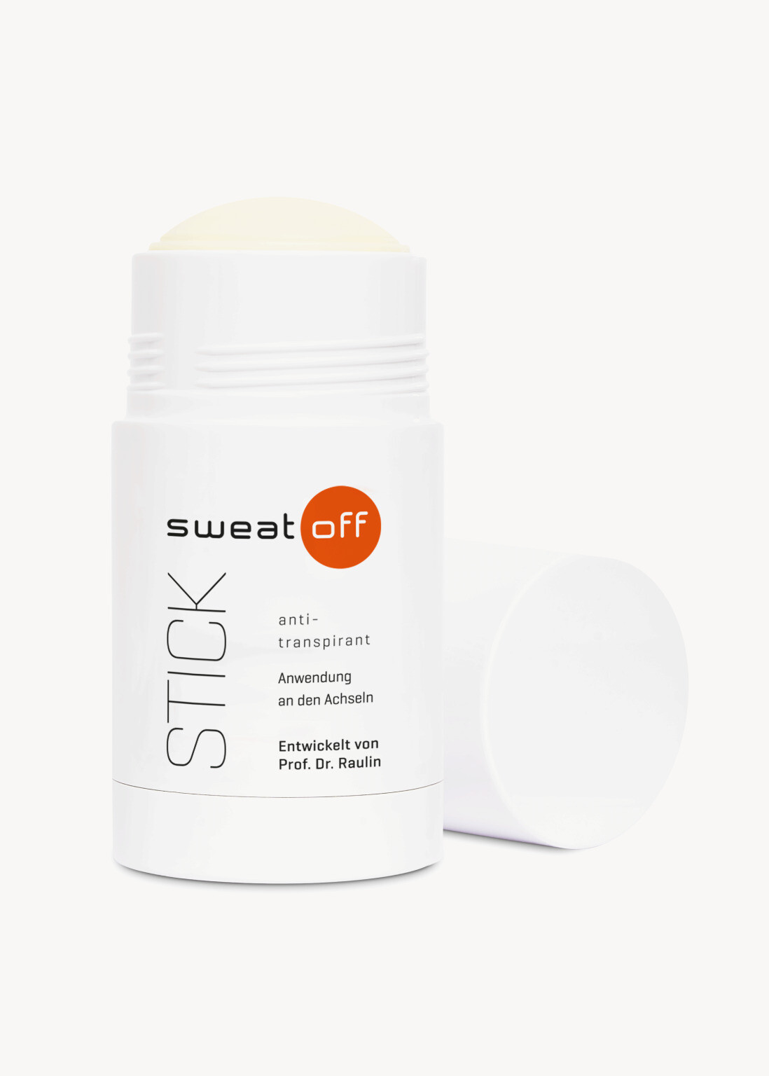 Sweat-Off Stick stehend vor weißem Hintergrund