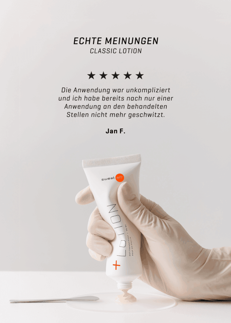 Classic Lotion Echte Meinung, Hand mit Handschuh drückt Lotion Verpackung zusammen